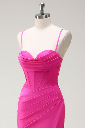 Fuchsia Spaghetti Straps Mermaid Lång Balklänning med slits