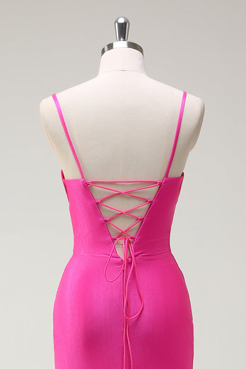 Fuchsia Spaghetti Straps Mermaid Lång Balklänning med slits