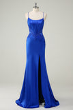 Royal Blue Mermaid Korsett Spaghetti Remmar applicerade Lång Prom Klänning