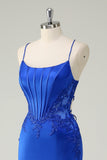 Royal Blue Mermaid Korsett Spaghetti Remmar applicerade Lång Prom Klänning