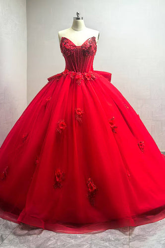 Glitter Älskling Tyll Appliqued Röd Quinceanera Klänning med släp
