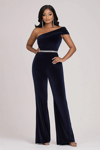 Glittrande marinblå Enaxlad Bodycon Sammet pärlstav Bal Jumpsuit