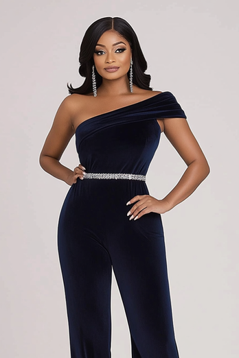 Glittrande marinblå Enaxlad Bodycon Sammet pärlstav Bal Jumpsuit