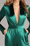 Mörkgrön Satin Sjal Kavajslag Långärmad Formella Jumpsuits