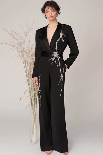 Svart Sjal Kavajslag Satin Långärmad Formella Jumpsuits med Beading