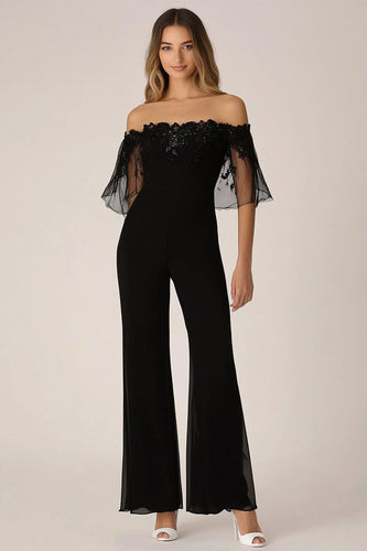 Svarta Off The Shoulder Chiffong Formella Jumpsuits med Applikationer