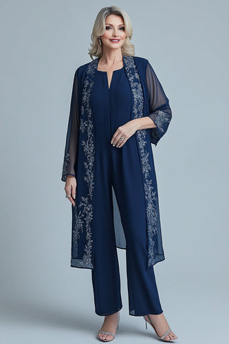 Jumpsuit Marinblå Appliques Chiffong Långärmad Fyrkantig hals Brudens Mor Sets