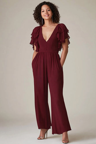 Vinröd Volang ärmar Chiffong Mor Jumpsuit