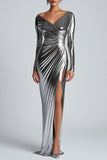 Silver Metallic Satin Rynkad Slida Formell Klänning med Slits