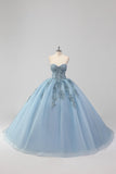 Prinsessa Grå Blå Axelbandslös Tyll Quinceanera Klänning med Appliques