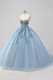 Prinsessa Grå Blå Axelbandslös Tyll Quinceanera Klänning med Appliques