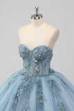 Prinsessa Grå Blå Axelbandslös Tyll Quinceanera Klänning med Appliques