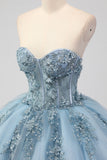 Prinsessa Grå Blå Axelbandslös Tyll Quinceanera Klänning med Appliques