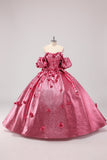 Prinsessan Fuchsia Balklänning Off The Shoulder Puff Ärmar Quinceanera Klänning med 3D Blommor
