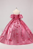 Prinsessan Fuchsia Balklänning Off The Shoulder Puff Ärmar Quinceanera Klänning med 3D Blommor