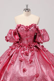 Prinsessan Fuchsia Balklänning Off The Shoulder Puff Ärmar Quinceanera Klänning med 3D Blommor