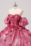 Prinsessan Fuchsia Balklänning Off The Shoulder Puff Ärmar Quinceanera Klänning med 3D Blommor