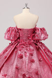 Prinsessan Fuchsia Balklänning Off The Shoulder Puff Ärmar Quinceanera Klänning med 3D Blommor