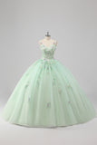 Prinsessa Grön Balklänning Spaghetti Remmar Tyll Quinceanera Klänning med 3D Blomma Appliques