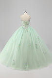Prinsessa Grön Balklänning Spaghetti Remmar Tyll Quinceanera Klänning med 3D Blomma Appliques