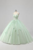 Prinsessa Grön Balklänning Spaghetti Remmar Tyll Quinceanera Klänning med 3D Blomma Appliques