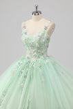 Prinsessa Grön Balklänning Spaghetti Remmar Tyll Quinceanera Klänning med 3D Blomma Appliques