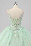 Prinsessa Grön Balklänning Spaghetti Remmar Tyll Quinceanera Klänning med 3D Blomma Appliques