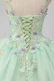 Prinsessa Grön Balklänning Spaghetti Remmar Tyll Quinceanera Klänning med 3D Blomma Appliques