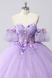 Glittrande lila balklänning från axeln puffärmar tyll quinceanera klänning med 3d blommor