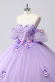 Glittrande lila balklänning från axeln puffärmar tyll quinceanera klänning med 3d blommor