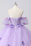 Glittrande lila balklänning från axeln puffärmar tyll quinceanera klänning med 3d blommor