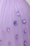 Glittrande lila balklänning från axeln puffärmar tyll quinceanera klänning med 3d blommor