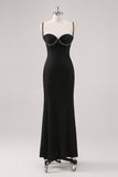 Enkel Svart Spaghetti Straps Slida Formell Klänning