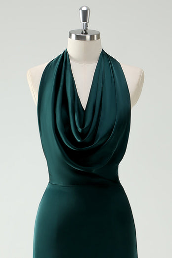 Halter Neck Pine Green Mermaid Lång Brudtärna Klänning med slits