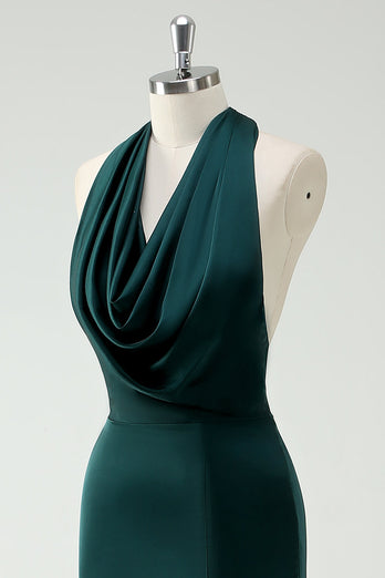 Halter Neck Pine Green Mermaid Lång Brudtärna Klänning med slits