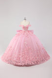 Prinsessa rodna rosa balklänning från axeln pärlstav fjäril tyll quinceanera klänning med rosett