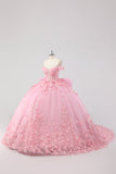 Prinsessa rodna rosa balklänning från axeln pärlstav fjäril tyll quinceanera klänning med rosett