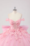 Prinsessa rodna rosa balklänning från axeln pärlstav fjäril tyll quinceanera klänning med rosett