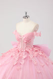Prinsessa rodna rosa balklänning från axeln pärlstav fjäril tyll quinceanera klänning med rosett
