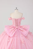 Prinsessa rodna rosa balklänning från axeln pärlstav fjäril tyll quinceanera klänning med rosett