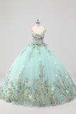 Princess Mint Balklänning Spaghetti Remmar Tyll Quinceanera Klänning med Blomma Appliques