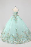 Princess Mint Balklänning Spaghetti Remmar Tyll Quinceanera Klänning med Blomma Appliques
