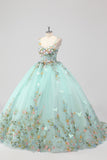 Princess Mint Balklänning Spaghetti Remmar Tyll Quinceanera Klänning med Blomma Appliques