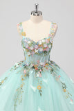 Princess Mint Balklänning Spaghetti Remmar Tyll Quinceanera Klänning med Blomma Appliques