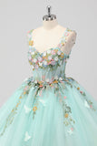 Princess Mint Balklänning Spaghetti Remmar Tyll Quinceanera Klänning med Blomma Appliques