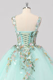 Princess Mint Balklänning Spaghetti Remmar Tyll Quinceanera Klänning med Blomma Appliques