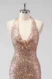 Glitter Champagne Mermaid Halter Öppen Rygg Lång Balklänning med Paljetter