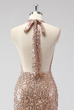 Glitter Champagne Mermaid Halter Öppen Rygg Lång Balklänning med Paljetter