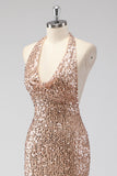 Glitter Champagne Mermaid Halter Öppen Rygg Lång Balklänning med Paljetter