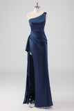 Elegant marin satin en axel formell klänning med slits